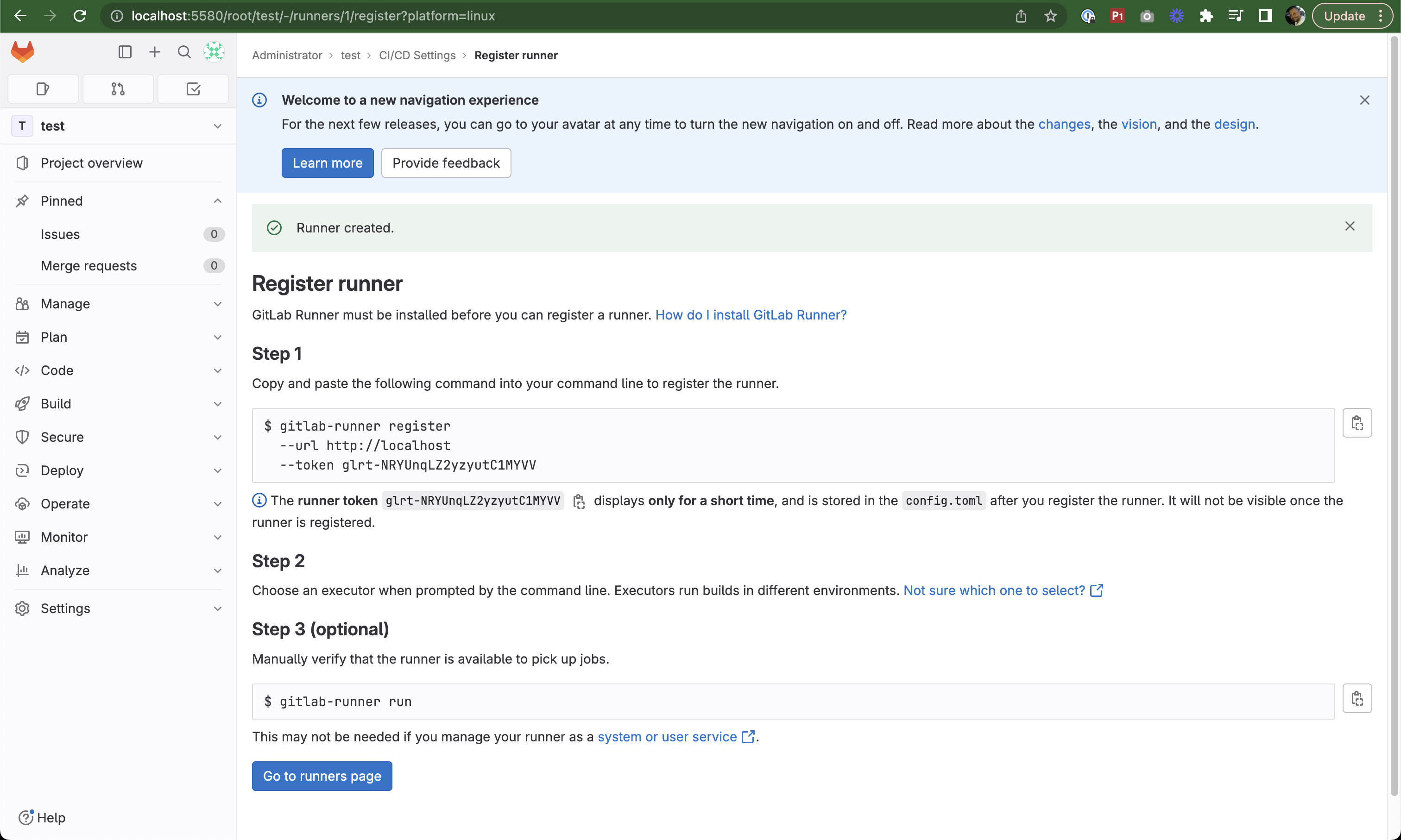 Gitlab Create Project Runner Correct Page