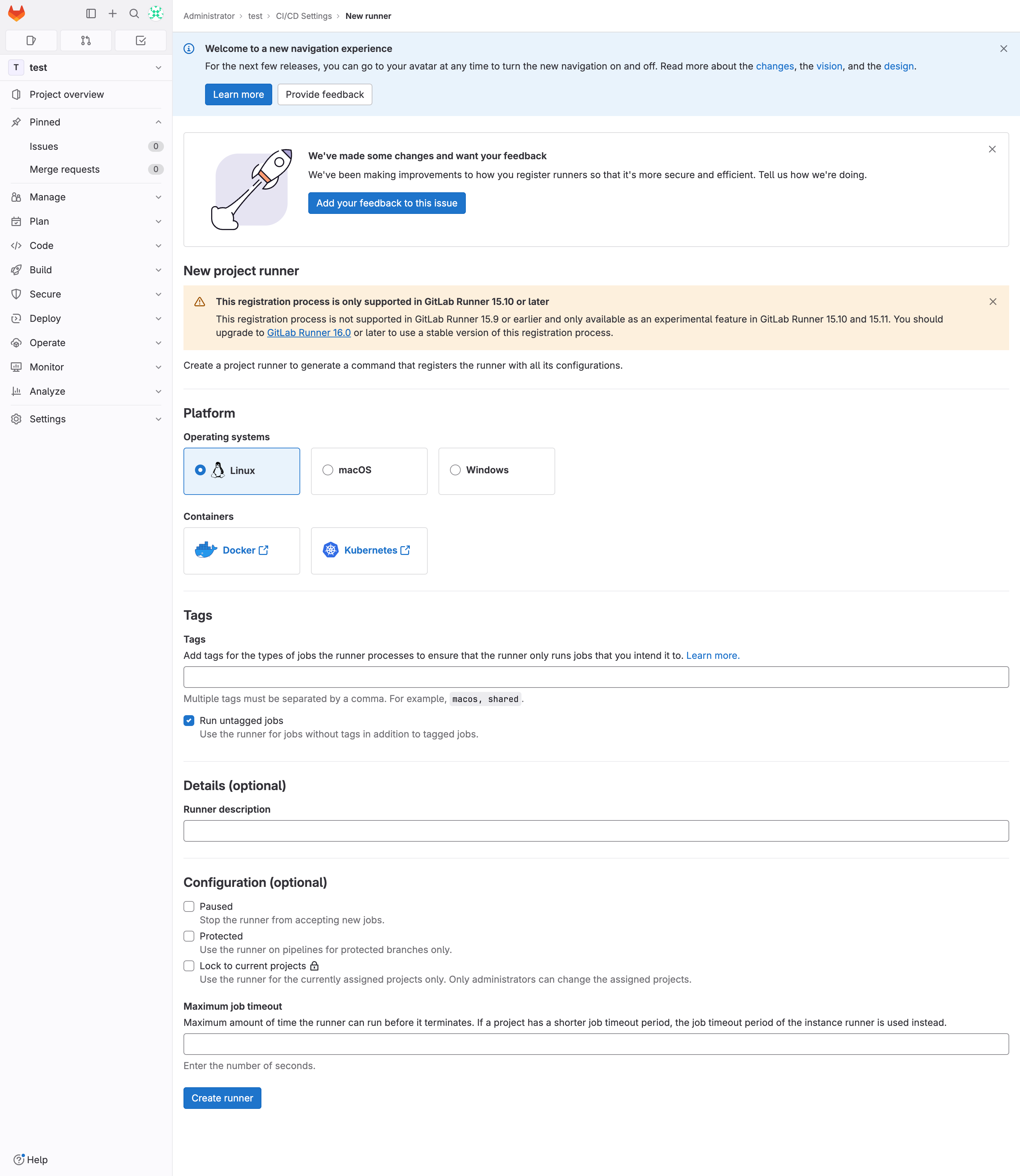 Gitlab New Project Runner